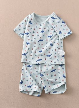外贸2024夏季儿童睡衣纯棉男女童海洋鲨鱼宝宝小恐龙工程车家居服