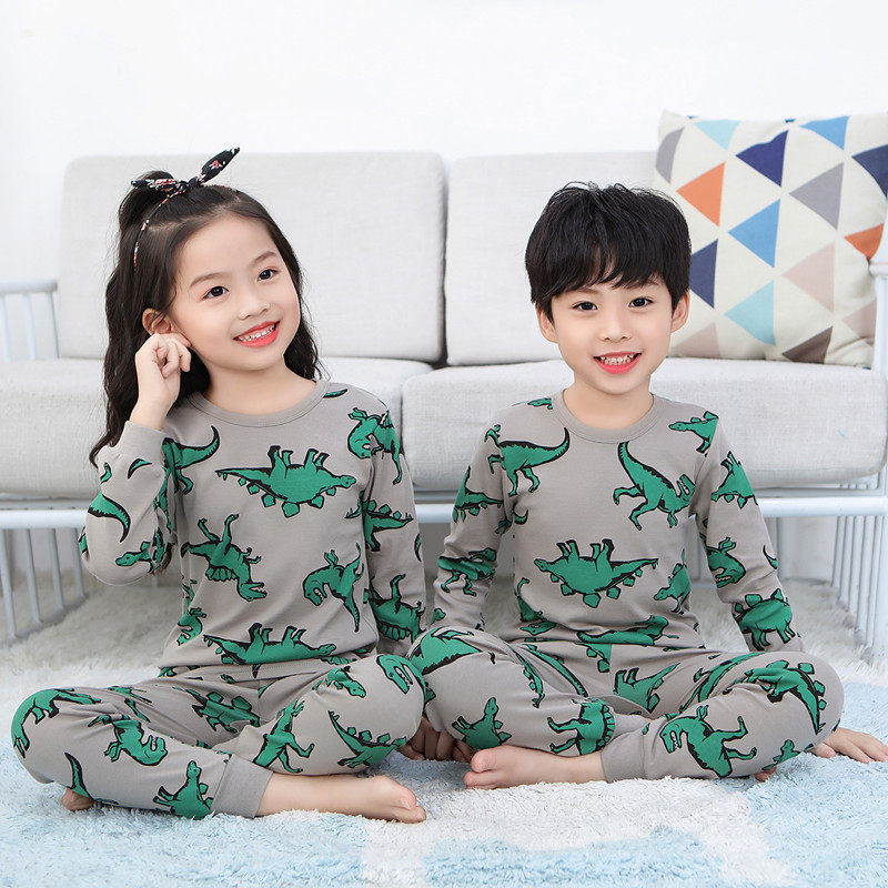 春秋季韩版儿童睡衣纯棉男童霸王龙小怪兽秋衣秋裤女孩恐龙内衣服