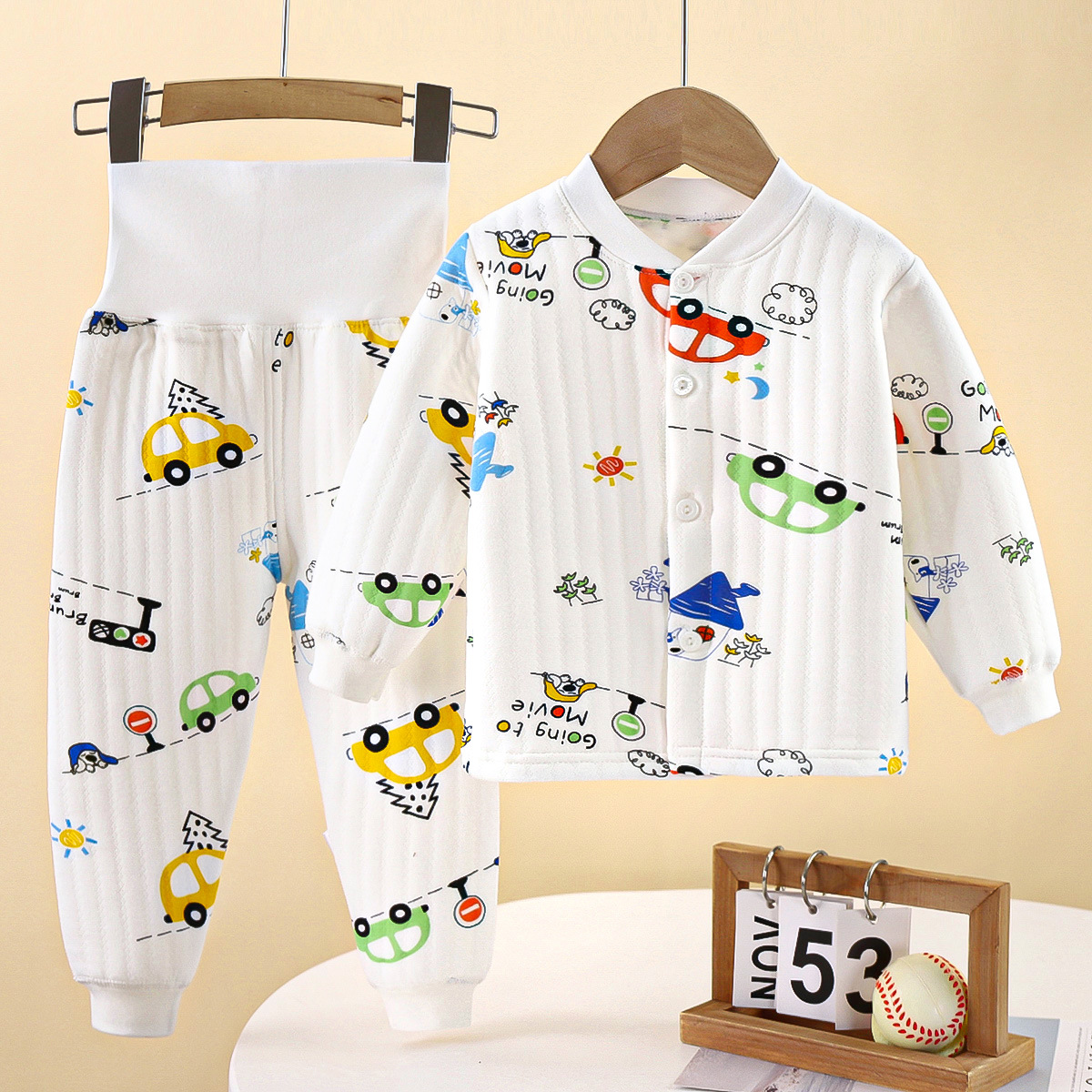 秋冬季婴儿保暖内衣加厚男童猴子小汽车小轿车秋衣秋裤婴儿睡衣服