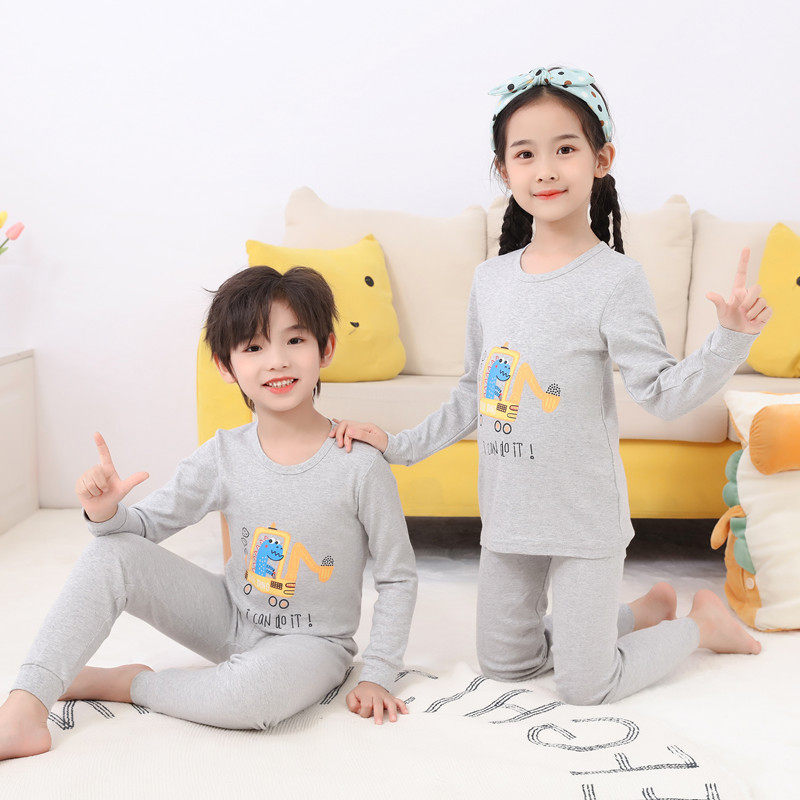 春秋季韩版儿童睡衣纯棉男童工程车挖掘机秋衣秋裤女孩恐龙内衣服