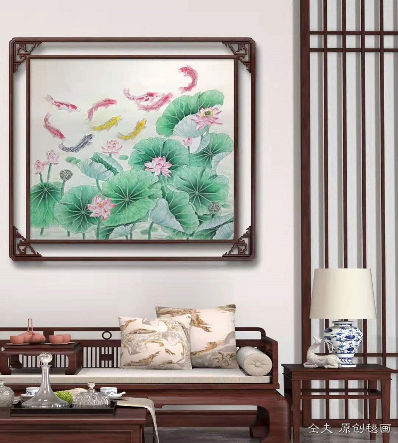 纯手工手绘九鱼荷花图中式屏风背景墙无框装饰画吸音壁挂毯画定制图片