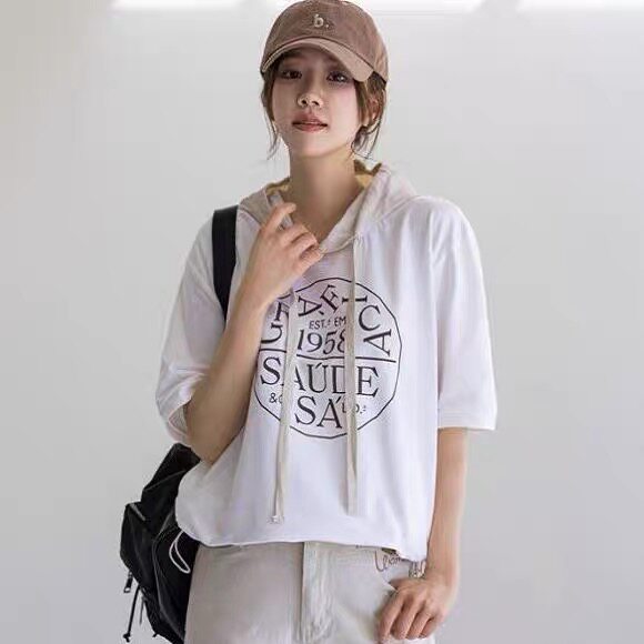 2024年春夏韩国东大门拼色抽绳下摆女式宽松休闲短袖连帽字母T恤