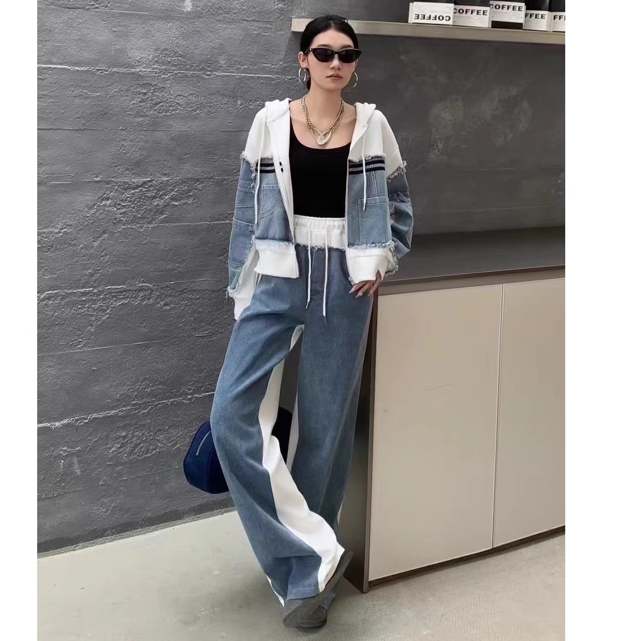 休闲时尚套装女秋季2024新款设计感小众牛仔拼接卫衣阔腿裤两件套