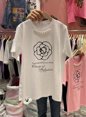 新款夏装韩版2023年韩国东大门时尚花朵字母印花珍珠圆领短袖T恤