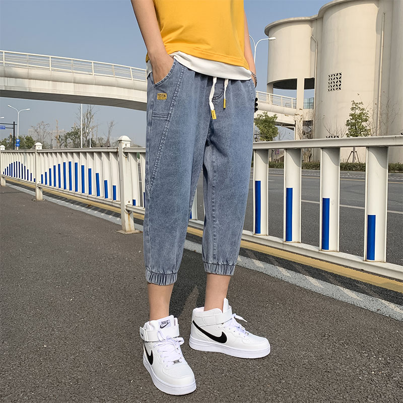 Wide leg cropped jeans men's loose straight Hong Kong style pants washing drawstring Harlan pants fashion brand