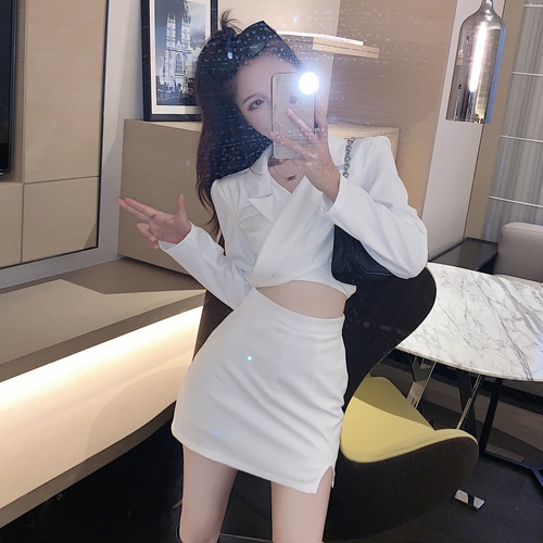 Real shooting of designer's open waist suit Hepburn suit fashion cross top wrap hip skirt two-piece set