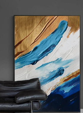 QY.ART纯手工手绘立体金箔黑白蓝油画现代抽象玄关沙发入户客厅