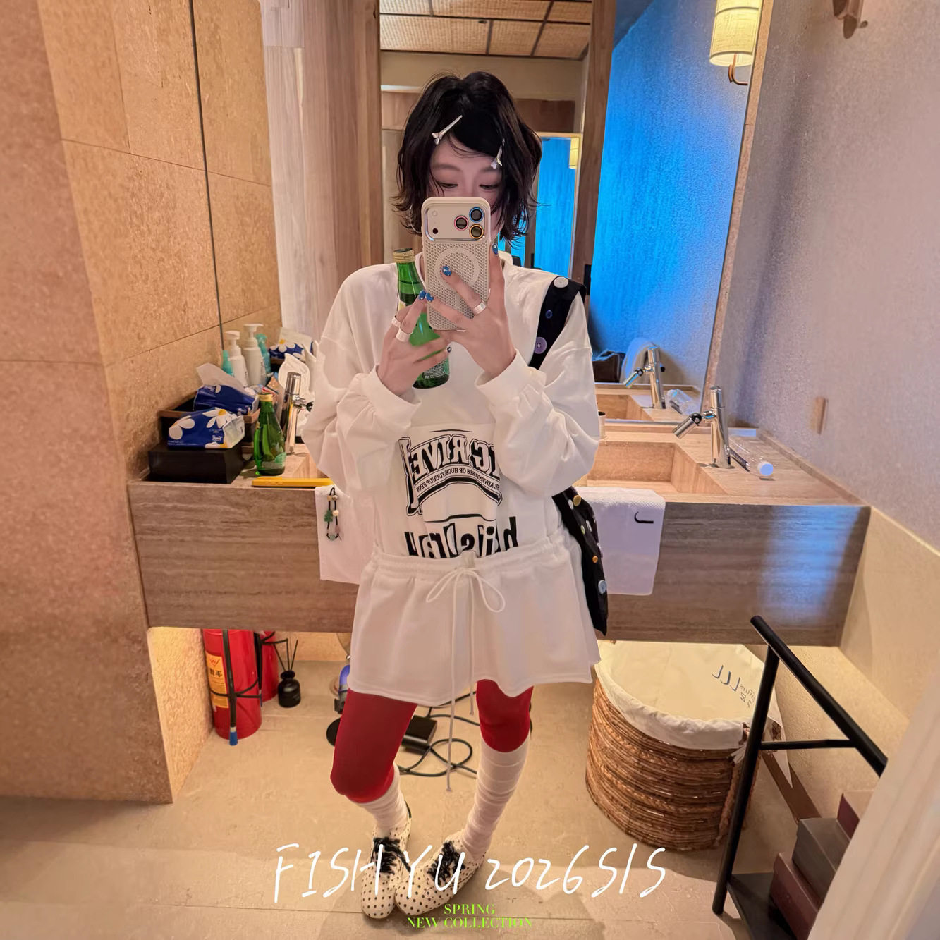 正品现货FISHYU早春新款韩系字母印花抽绳收腰卫衣裙假两件连衣裙