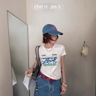 正品现货FISHYU夏季新款美式复古赛车风渐变撞色印花正肩短袖t恤