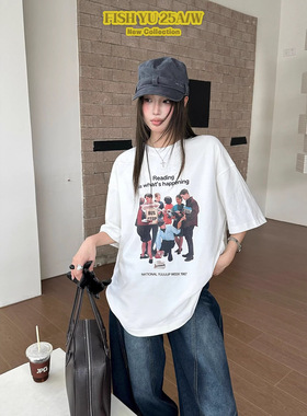 正品现货FISHYU春季新款美式复古人像字母印花磨毛圆领短袖t恤女