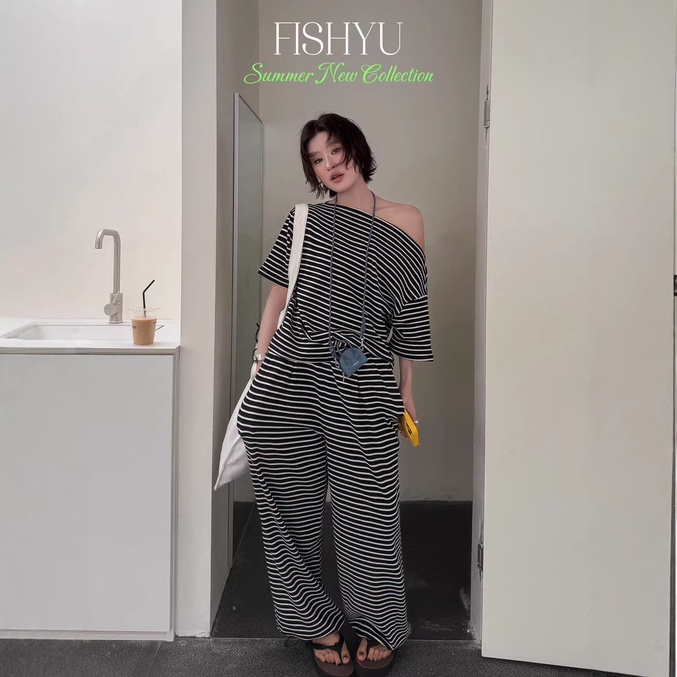 FISHYU夏季新款韩系慵懒松弛感华夫格斜肩短袖t恤+条纹休闲裤套装