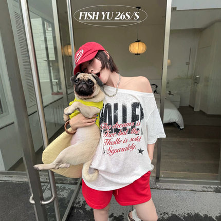 正品现货FISHYU夏季新款美式复古字母星星图案印花斜肩短袖t恤女