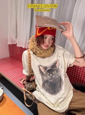 正品现货FISHYU冬季新款美式复古猫咪印花立体钉珠磨毛短袖t恤女