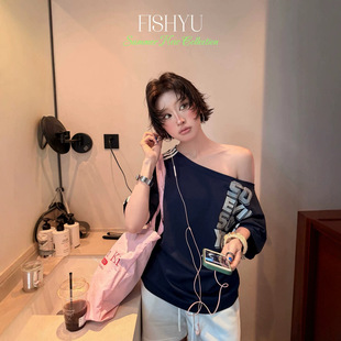 FISHYU夏季新款美式甜酷辣妹风字母印花杠条拼接斜肩宽松短袖t恤
