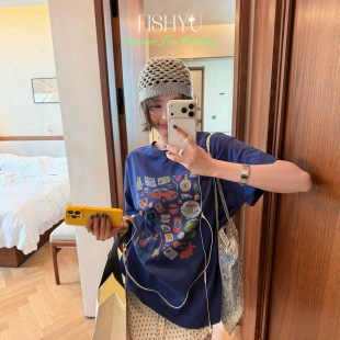 FISHYU夏季新款美式趣味图案印花立体挂件水洗炒色大版短袖t恤女