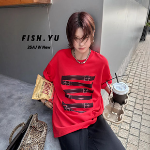 复古辣妹皮带印花宽松圆领短袖 正品 美式 新款 t恤女 现货FISHYU春季