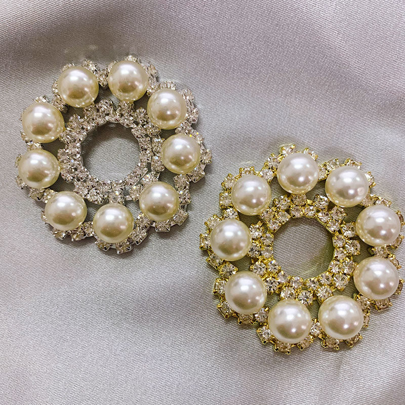 韩版圆形花朵珍珠水钻贴花手缝头饰包包等饰品配件DIY手缝胸花