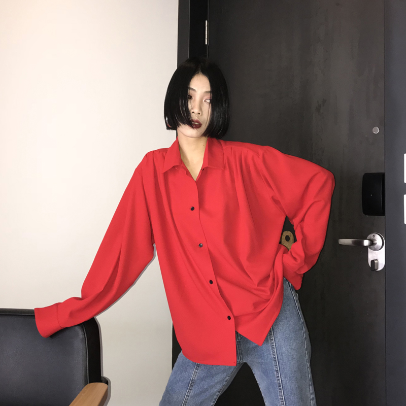 八月定制 衬衫女韩版港味复古宽松chic早秋红色原宿港风长袖衬衣