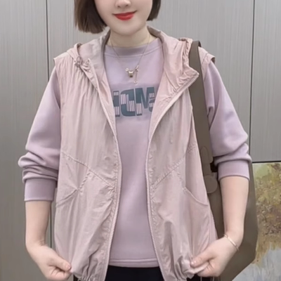 双层马甲女2026年春夏新款简约防晒连帽外套宽松百搭拉链上衣潮