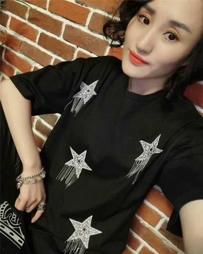 欧货重工短袖T恤女2025春夏新款宽松流苏烫钻半袖打底衫五角星潮T