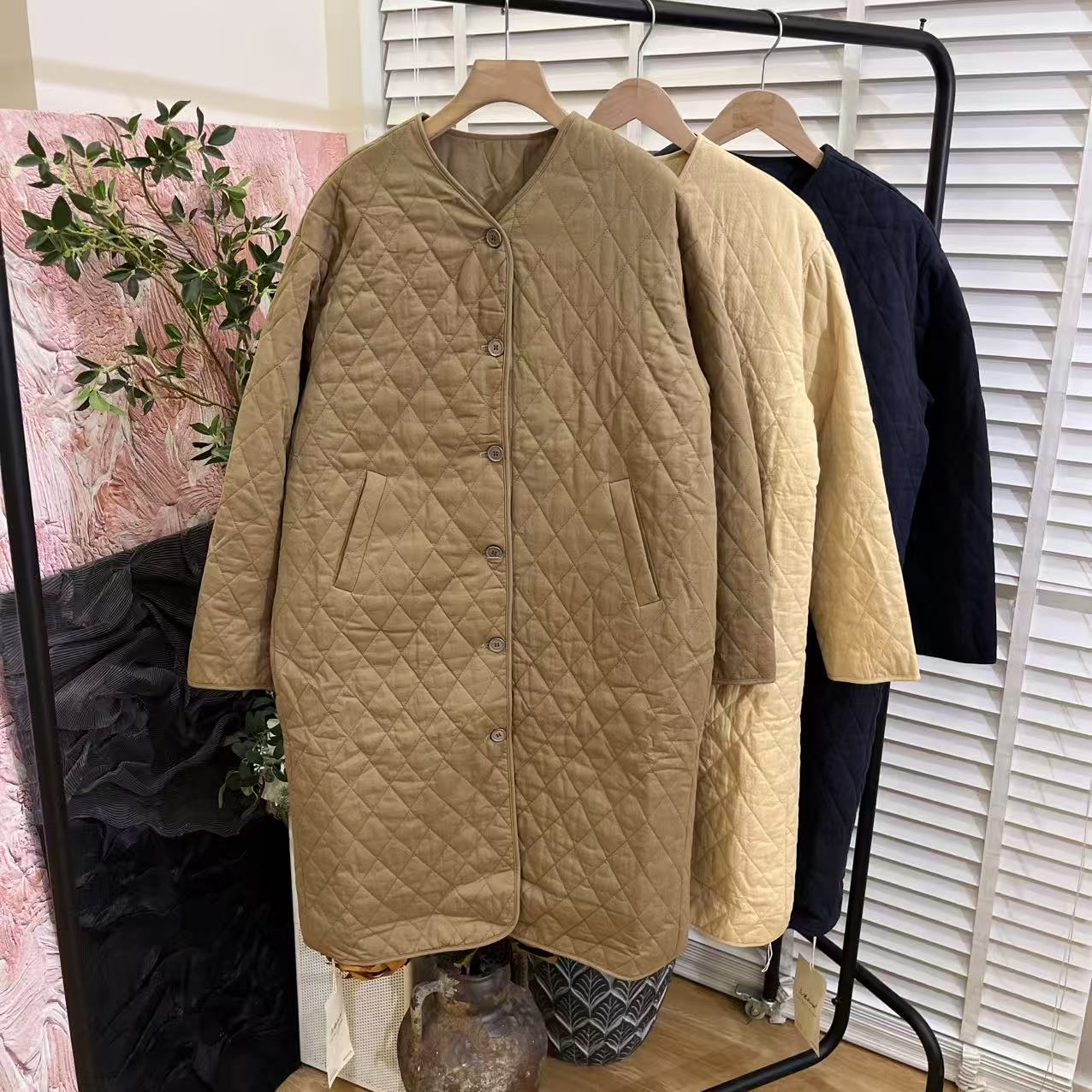宽松复古「菱形格单排扣」中长款棉服女E6352