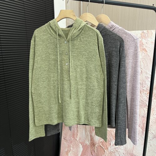 韩系休闲「舒适连帽半开襟」显瘦长袖T恤女E7891