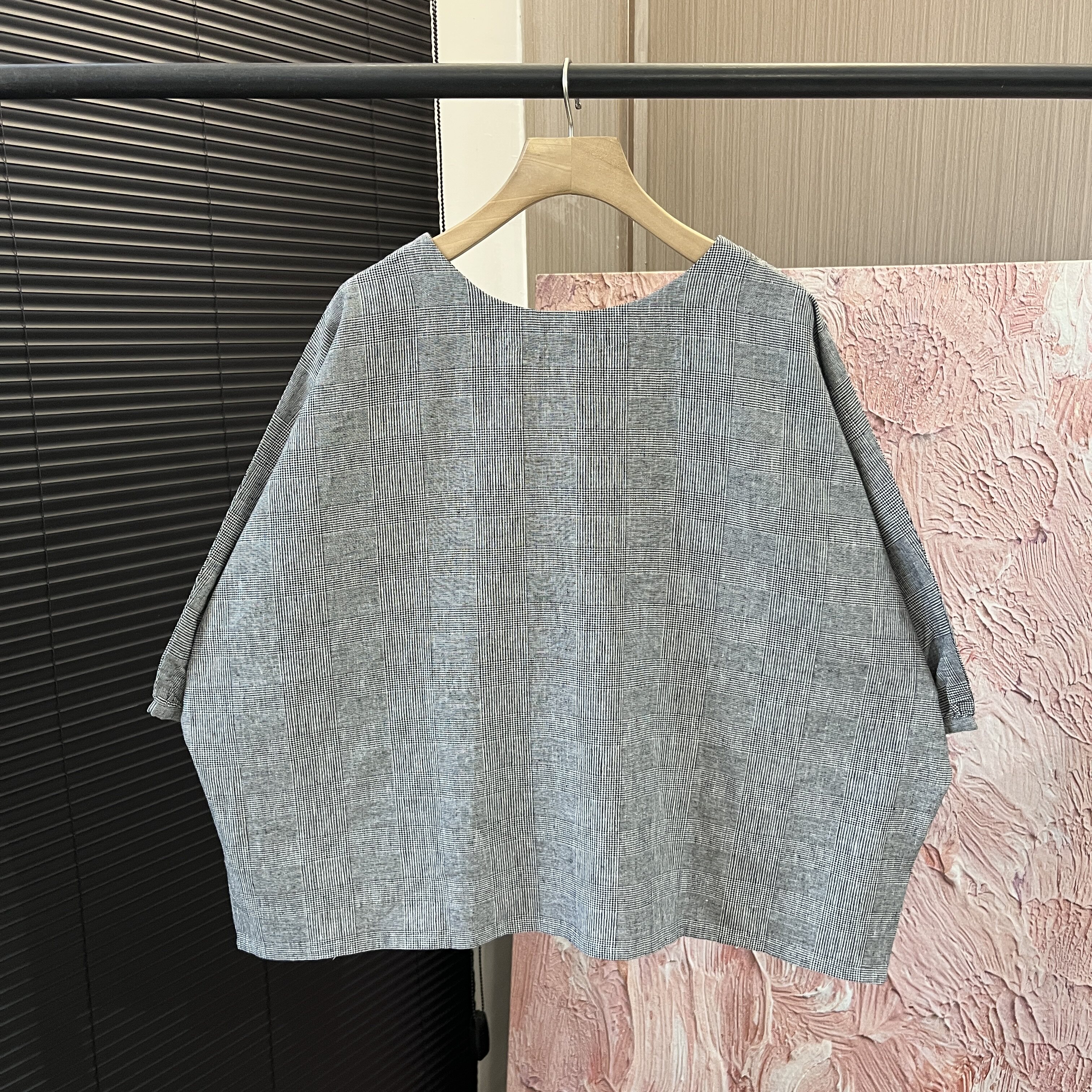 棉麻千鸟格「色织格子前后两穿」蝙蝠袖衬衫女E7605