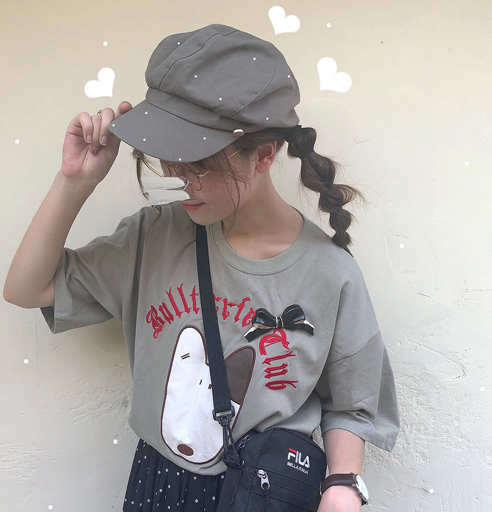 @自制 抹茶绿 蠢萌狗 日系ins风卡通中长款宽松T恤少女夏季闺蜜装