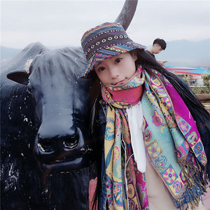 围巾女春秋冬民族风保暖云南丽江文艺棉麻海边披巾披肩玫红两用
