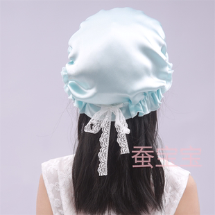 新品儿童纯真丝100%桑蚕丝透气亲肤居家睡帽护发帽包发木耳边蕾丝