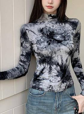 H828严选水墨打底衫女复古潮流百搭半高领渐变扎染印花女春秋上衣