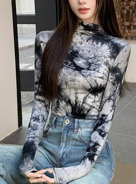 H828定制水墨打底衫女复古潮流百搭半高领渐变扎染印花女春秋上衣