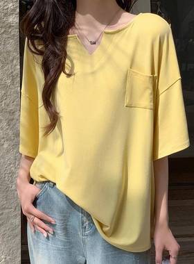 H591口袋V领短袖T恤女夏季韩版慵懒风宽松显瘦纯色简约风中袖上衣