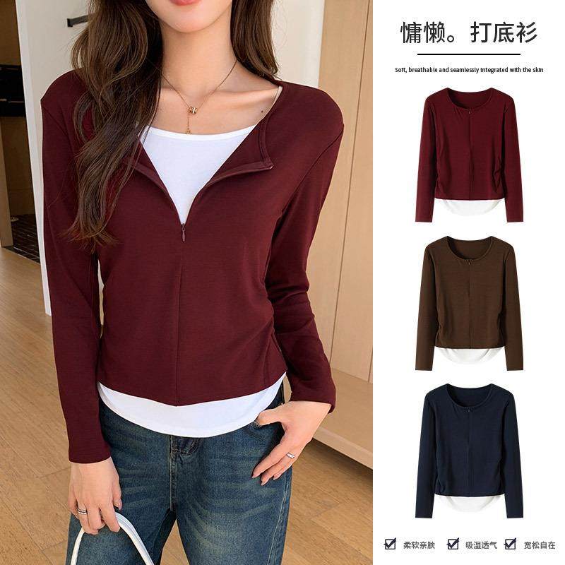 H401现货秋季新款隐形拉链假两件长袖T恤女装休闲褶皱打底衫上衣