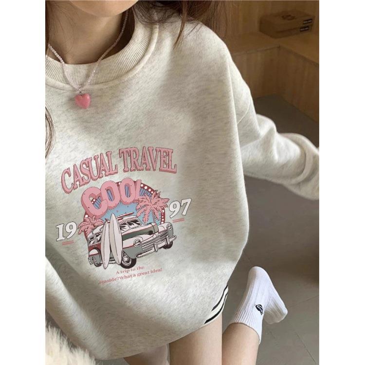 美式潮牌白灰色无帽卫衣女2025新款爆款秋冬圆领宽松上衣外套加绒