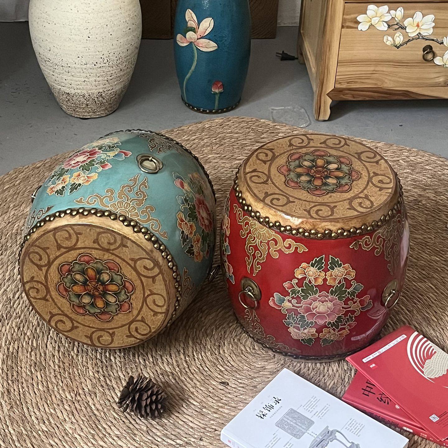 实木中式小鼓凳彩绘做旧矮凳绣墩换鞋凳牛皮圆凳子客厅茶室凳子
