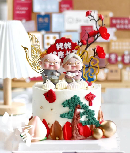 老爷爷老奶奶仙鹤蛋糕祝寿摆件