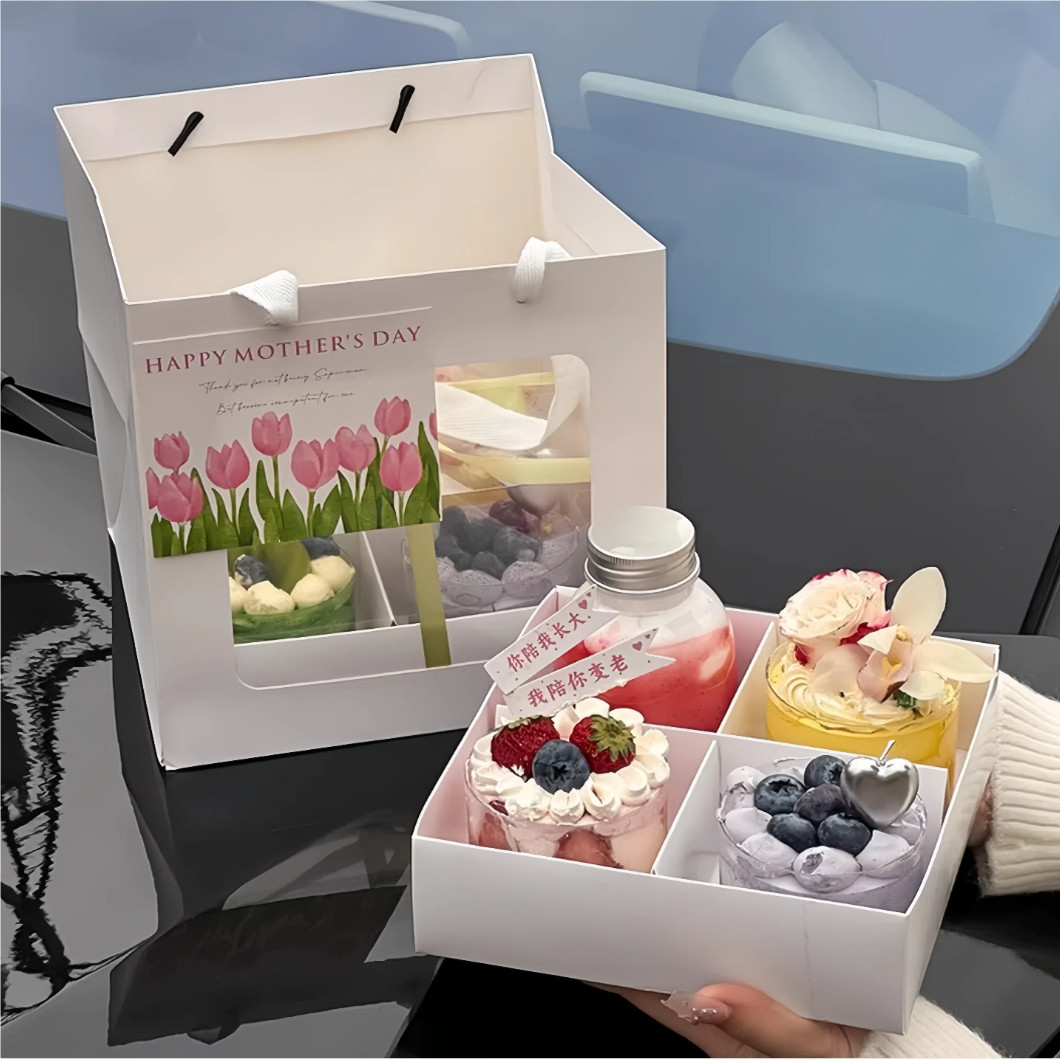 母亲节四宫格甜品盒女神节节日快乐蛋糕装饰插牌伴手礼透明手提袋