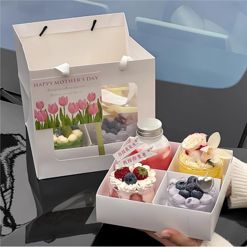 母亲节四宫格甜品盒女神节节日快乐蛋糕装饰插牌伴手礼透明手提袋