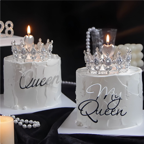3.8女神节皇冠蛋糕装饰摆件myqueen亚克力高级银色女神节快乐插牌