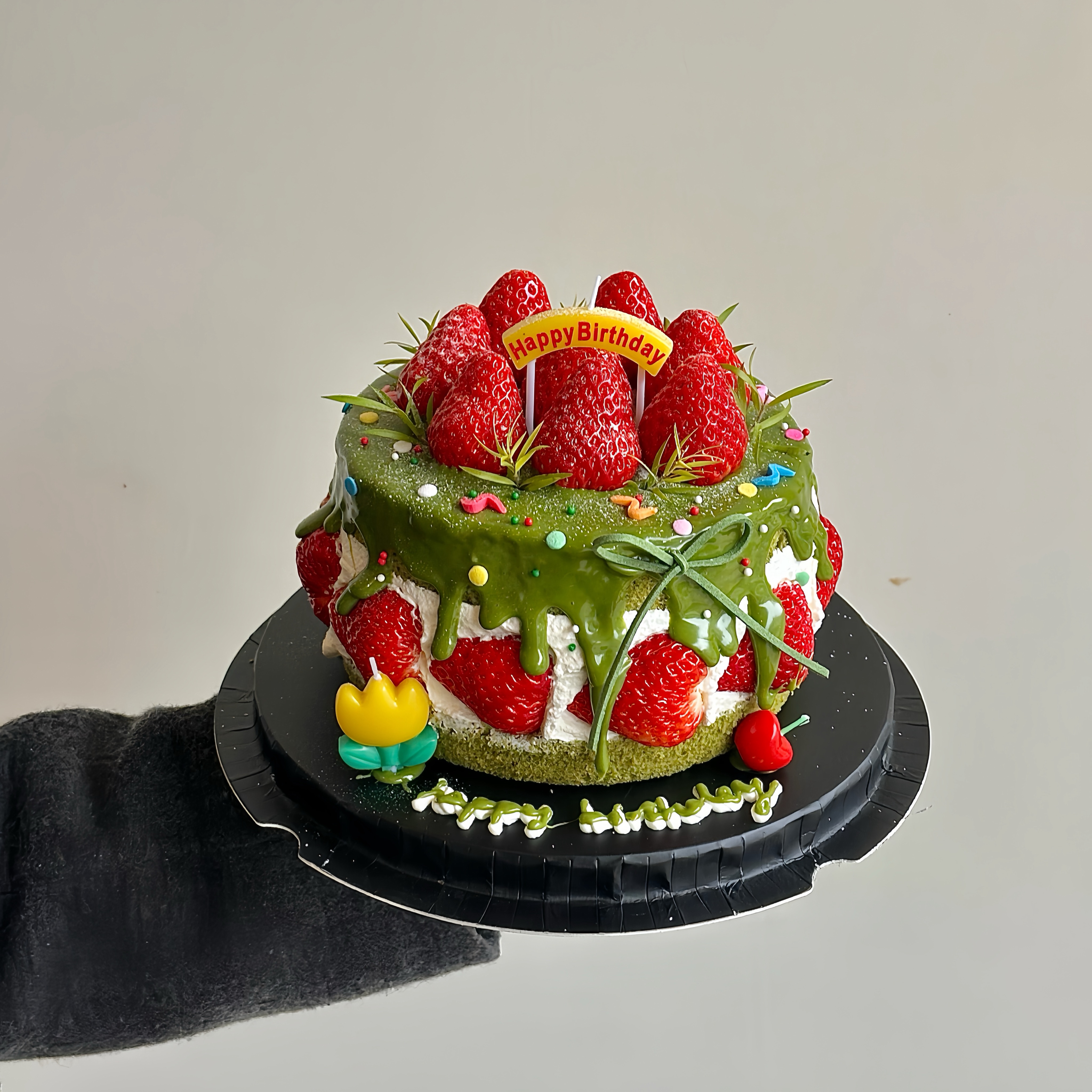 网红ins风韩系草莓塔生日蛋糕装饰插件小花樱桃生日烘焙蜡烛插件