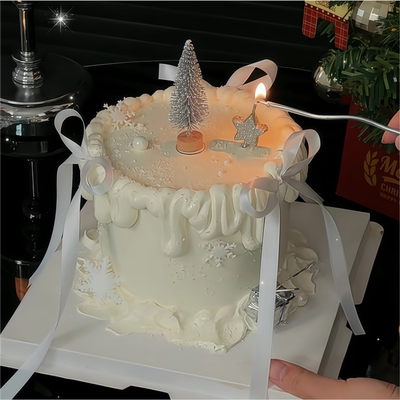 网红圣诞节闪粉银色雪松圣诞树银色五角星生日蜡烛蛋糕装饰摆件