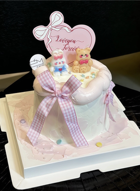 2.14情人节蝴蝶结小熊蓝色小兔蜡烛蛋糕装饰摆件粉白爱心love插件