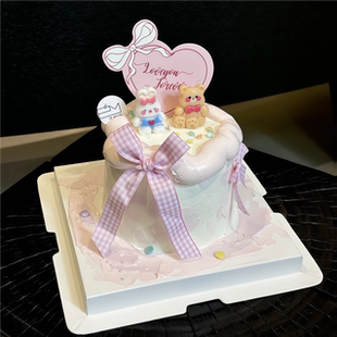 2.14情人节蝴蝶结小熊蓝色小兔蜡烛蛋糕装饰摆件粉白爱心love插件