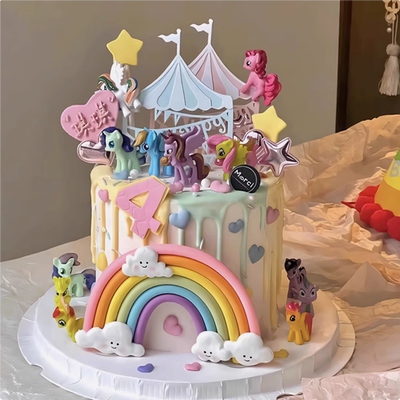 卡通彩虹独角兽小马生日蛋糕装饰摆件亚克力马戏团游乐场烘焙插件
