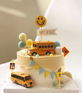 网红开学派对蛋糕装饰摆件黄色中巴校车校园巴士模型儿童汽车摆件