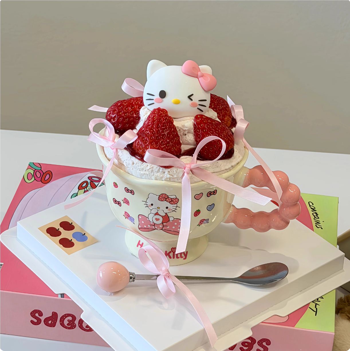 2026圣诞节卡通蝴蝶结kt猫陶瓷杯烘焙装扮新年粉色草莓碗蛋糕装饰