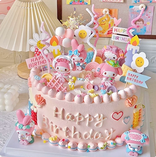 粉色茶话会女仆装美乐蒂生日蛋糕装饰摆件卡通小兔子女孩生日蛋糕