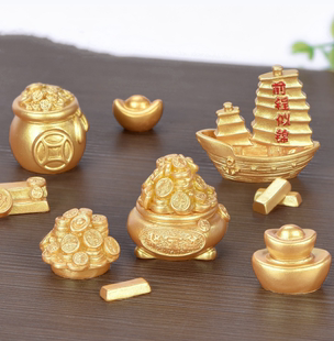 新年蛋糕装饰摆件树脂工艺品新年金色配件金元宝聚宝盆钱袋金帆船