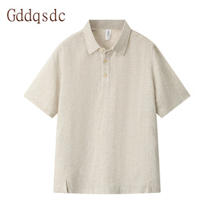 GDDQSDC亚麻衬衫男装2025夏季新款短袖宽松薄款纯色翻领棉麻t衬衣